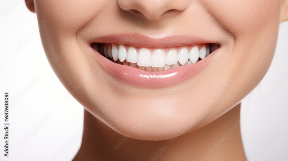 Fototapeta premium A close-up photo of the lower part of a female face. Beautiful, cute smile with immaculate, perfect teeth. Chin, nose, and mouth visible.