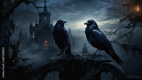 Two magic black ravens on the background of old gloomy Gothic castle in a foggy night.