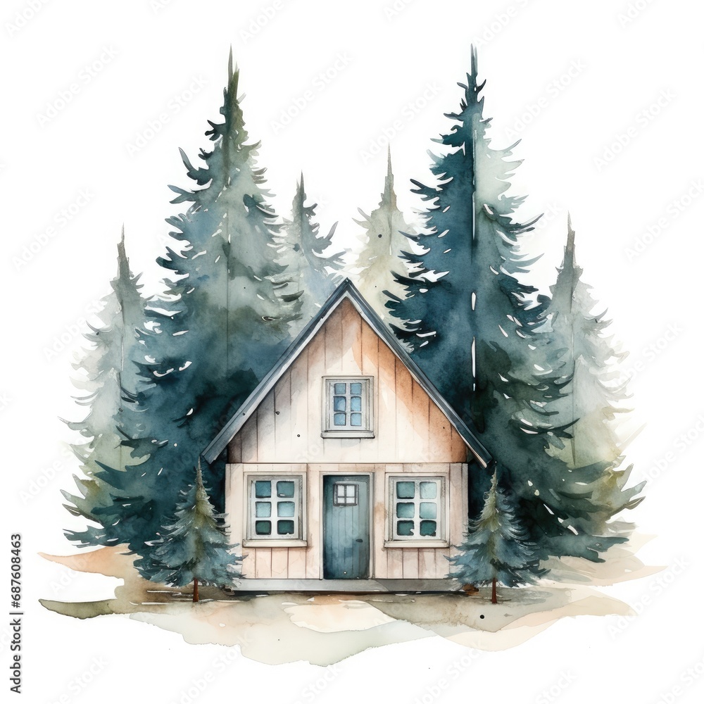 Watercolor cute house with tree on isolate background. Generative AI