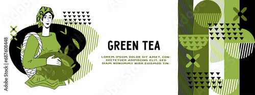 Green or herbal tea label with abstract geometric vector elements. Green tea label or sticker template with Bauhaus style geometric pattern, vector illustration.
