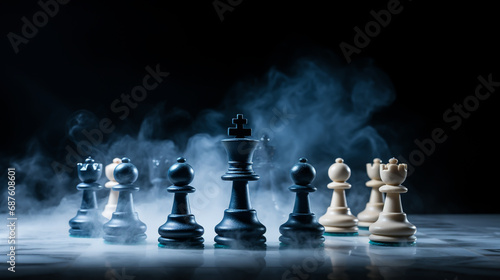 The set of chess pieces element, king, queen rook, bishop, knight, pawn standing on chessboard on dark background, vertical style.