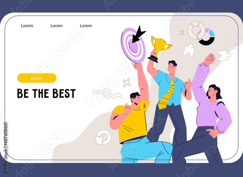 Business team winning an award, success of team hard work and excellent teamwork concept for web banner or landing page, flat vector illustration. Lead team to victory and trophy of success.