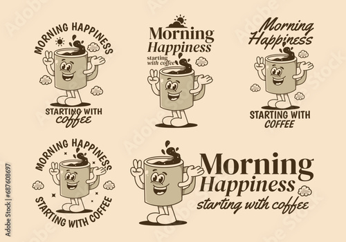 Morning happiness starting with coffee. Vintage mascot character of coffee mug with happy face