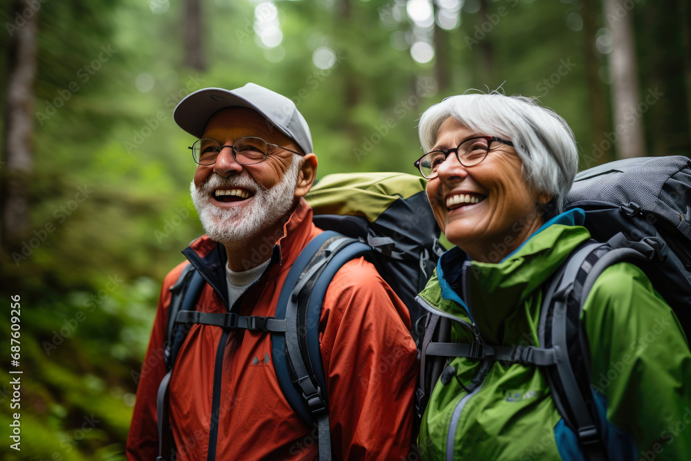 An active elderly couple is traveling through the forest. Mature people enjoying and having fun An active elderly couple is traveling through the forest. Mature people enjoying and having fun