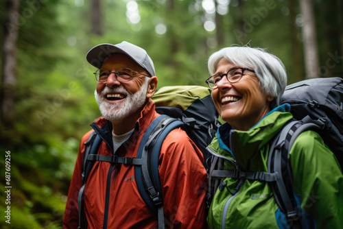 An active elderly couple is traveling through the forest. Mature people enjoying and having fun