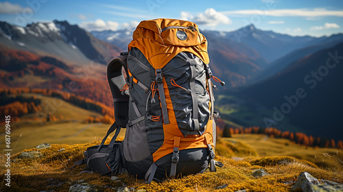 Backpack, trekking poles and sleeping mat in mountains, space for text. Tourism equipment