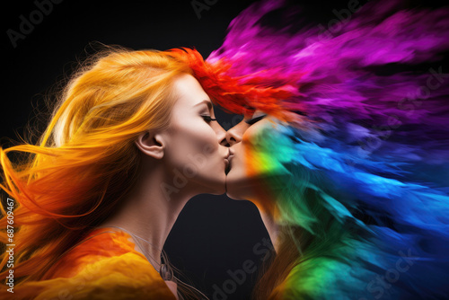 The kiss  two women illuminated on a dark background with a multicolored explosion in their hair  a symbol of the LGBTQ community  created by AI
