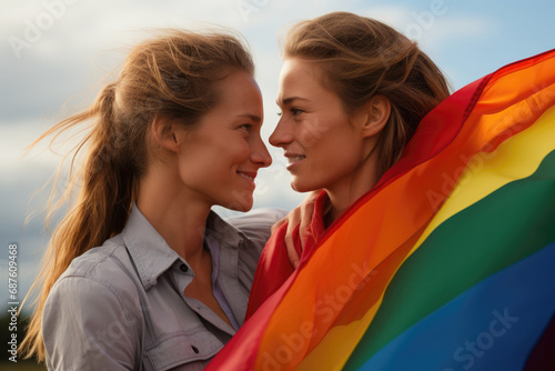 Lesbian couple under the rainbow flag, celebration of gay pride day and symbol of the lgtbq community, created by Ai photo