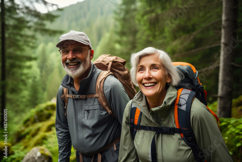 An active elderly couple is traveling through the forest. Mature people enjoying and having fun