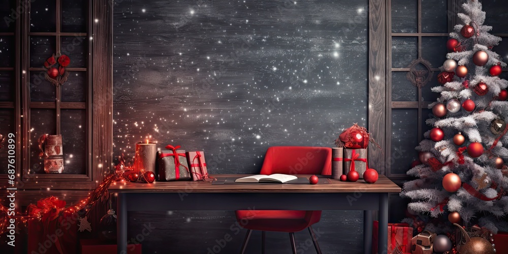 Interior christmas. magic glowing tree, gifts in dark at night. Interior christmas. magic glowing tree, gifts in dark at night.