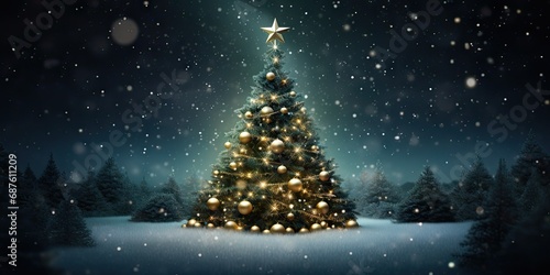 Beautifully decorated Christmas tree with bokeh lights.
