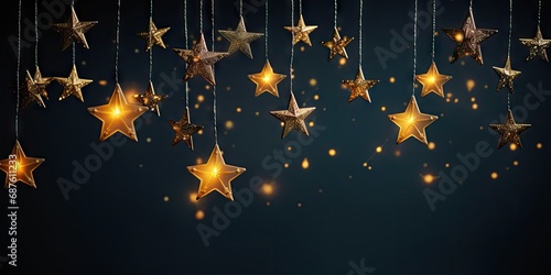 Elegant Hanging Golden Stars and Glowing Bokeh Lights on a Dark Festive Background – Christmas or New Year Celebration Concept