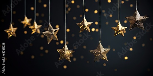 Elegant Hanging Golden Stars and Glowing Bokeh Lights on a Dark Festive Background – Christmas or New Year Celebration Concept