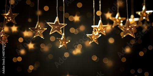 Elegant Hanging Golden Stars and Glowing Bokeh Lights on a Dark Festive Background – Christmas or New Year Celebration Concept