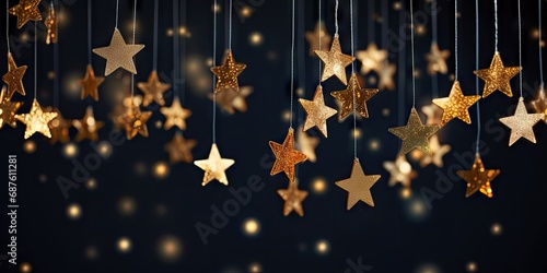 Elegant Hanging Golden Stars and Glowing Bokeh Lights on a Dark Festive Background – Christmas or New Year Celebration Concept