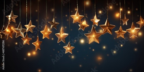 Elegant Hanging Golden Stars and Glowing Bokeh Lights on a Dark Festive Background – Christmas or New Year Celebration Concept