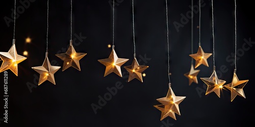 Elegant Hanging Golden Stars and Glowing Bokeh Lights on a Dark Festive Background – Christmas or New Year Celebration Concept