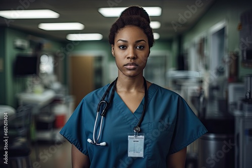 Portrait of serious nurse standing in hospital corridor. Young african american female doctor looking at camera. Medicine and healthcare concept, Young African-American nurse in clinic, AI Generated