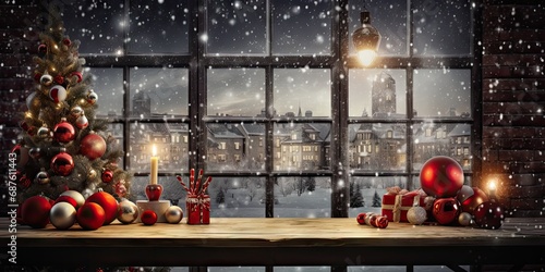 Beautiful composition with wooden Christmas interior near window. Xmas 