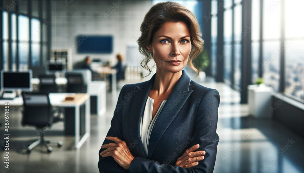 A confident middle-aged businesswoman in a suit, standing against an office background. - obrazy, fototapety, plakaty 