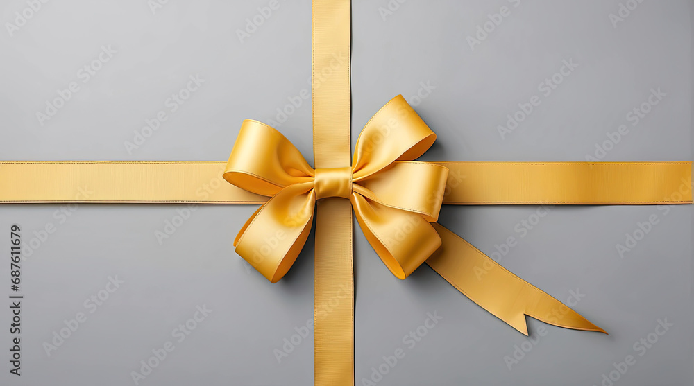 beautiful yellow bow ribbon on gray background, space for text beautiful yellow bow ribbon on gray background, space for text