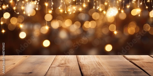 Wooden table with Christmas or new year background
