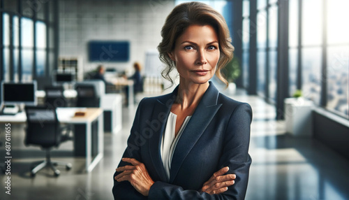 A confident middle-aged businesswoman in a suit, standing against an office background.