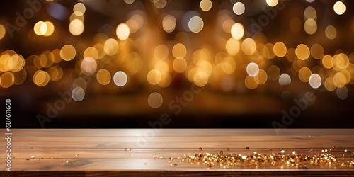 Wooden table with Christmas or new year background