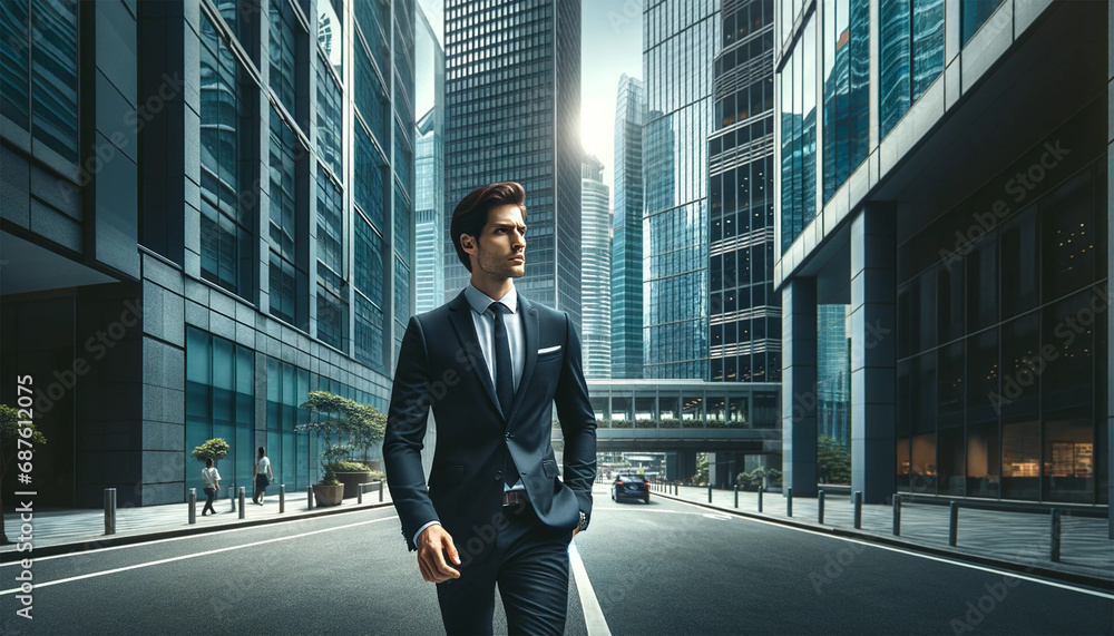 A businessman on the street, surrounded by office buildings. A businessman on the street, surrounded by office buildings.