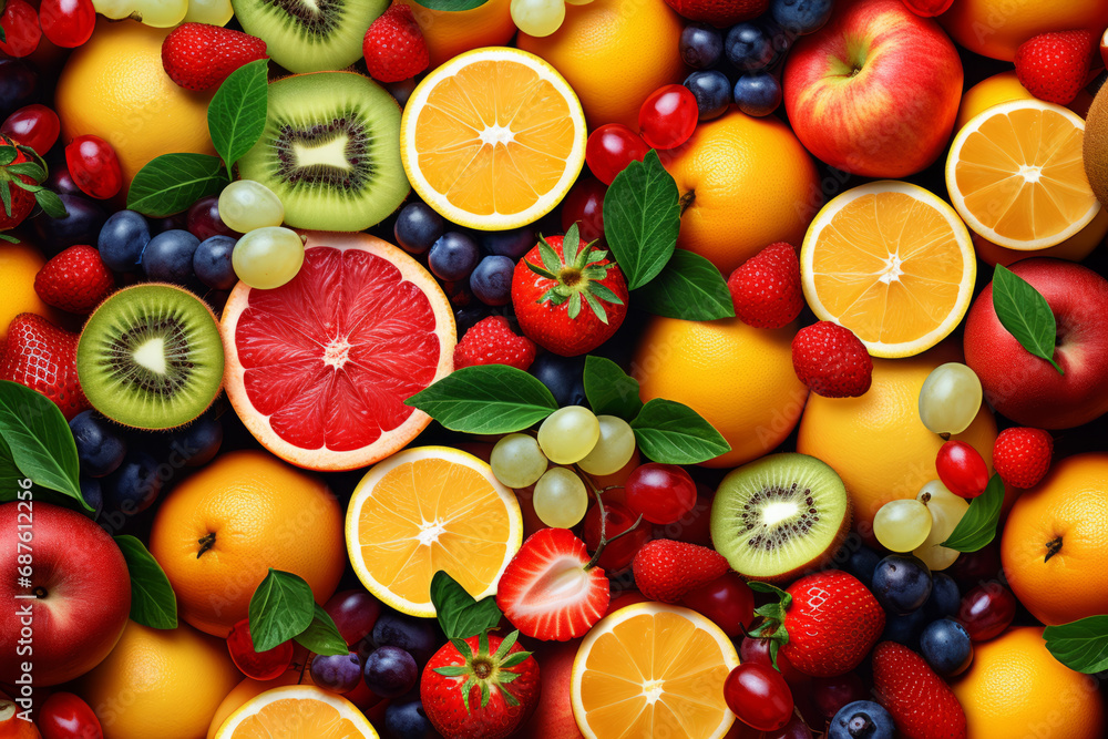 Multicolored background filled with various fruits and berries. Healthy eating concept