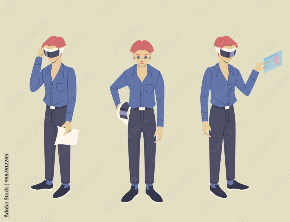 Young man worker three gestures in vr headset. Young man worker three gestures in vr headset.