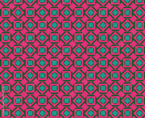 Seamless geometric pattern with shapes in pink background.