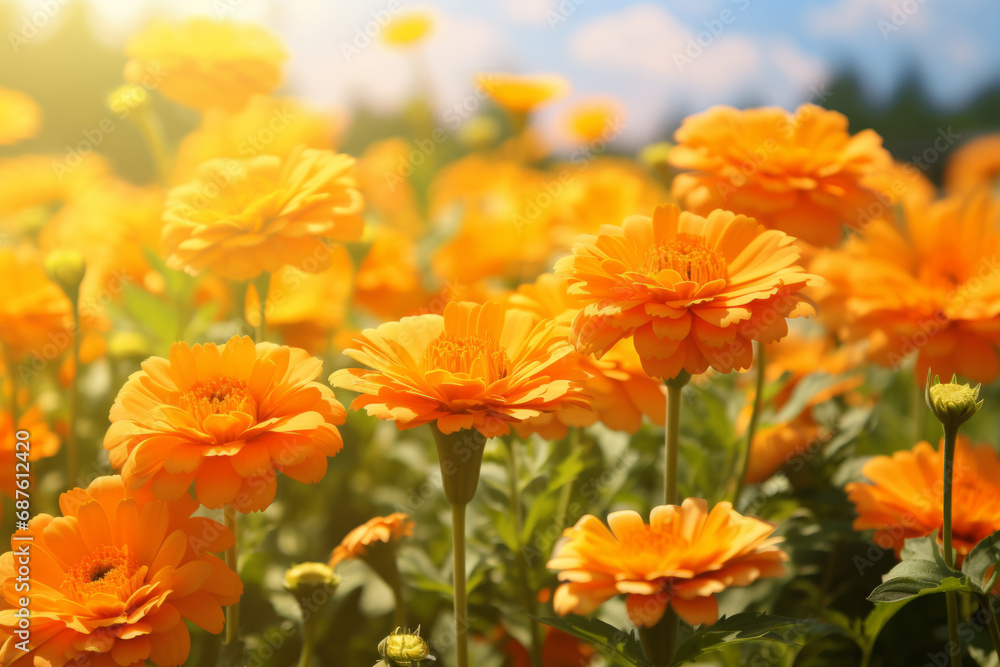 Summer sunny background with orange marigold flowers