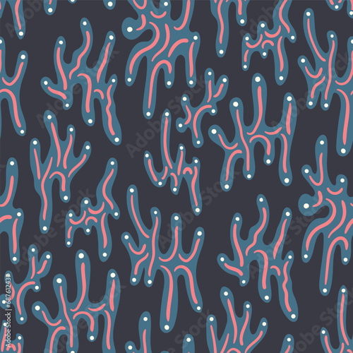 vector contemporary coral shape seamless pattern on dark blue.