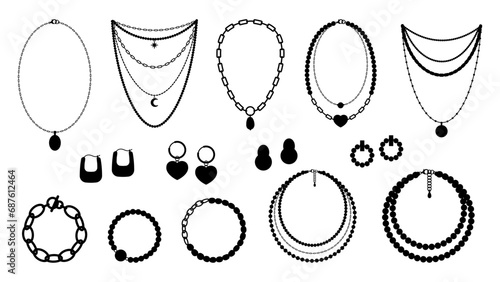 Necklace, earrings and bracelets black silhouettes. Beads pearls, chains and necklaces. Jewelry decorative vector collection