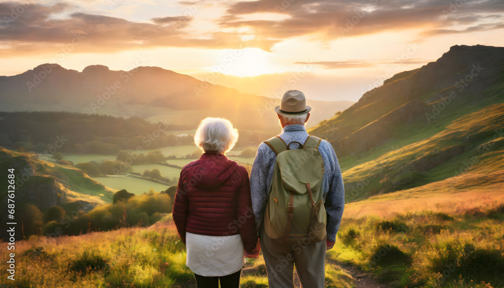 Old adult couple standing in front of a scenic landscape