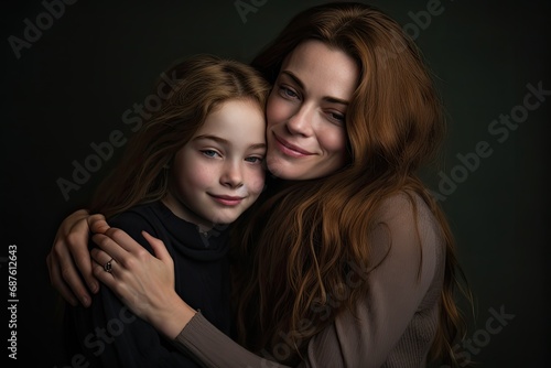 Portrait of mother and daughter hugging each other on dark background, Young happy people are dancing in clubs. Nightlife and disco concept, AI Generated