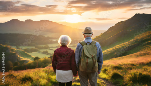 Old adult couple standing in front of a scenic landscape © Tim Bird
