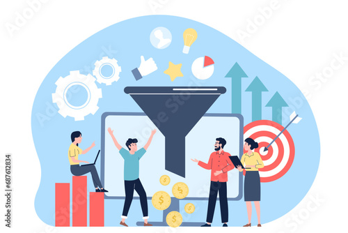 Social media sales funnel. Smm strategies, tele marketing process and attracted new followers and customers. Strategy of monetization recent vector scene