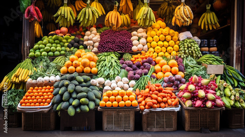 big choice of fresh fruits and vegetables on market counter