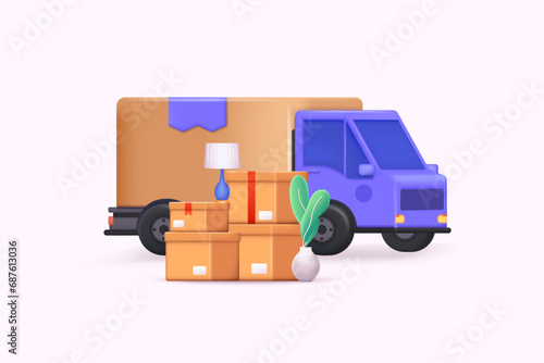 Moving truck and cardboard boxes. Moving House. Transport company. 3D Web Vector Illustrations.