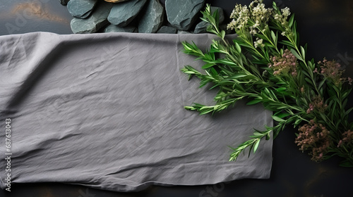 Folded black napkins on black stone background with green leaves. Eco friendly Mock up for display or montage of dishes, food or washing detergent.