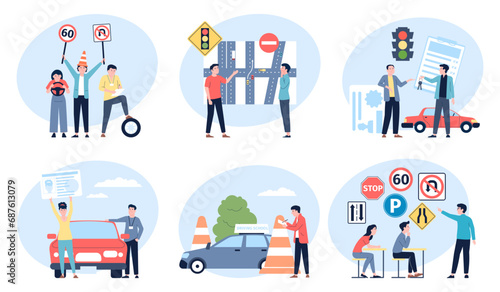 Driving school lessons. Drivers education, prepare examination and giving license. People learning road safety rules, flat abstract recent vector scenes photo