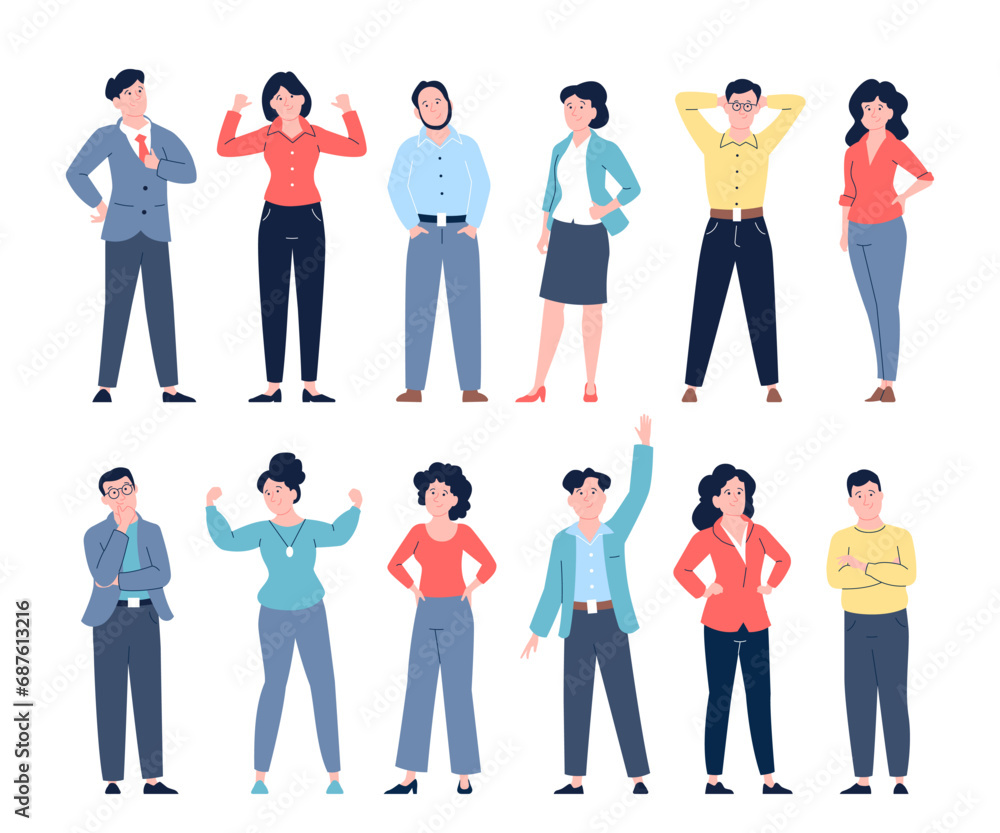Confident business characters. Office team, isolated people in suits and casual clothes. Narcissistic male and female, leaders recent vector set