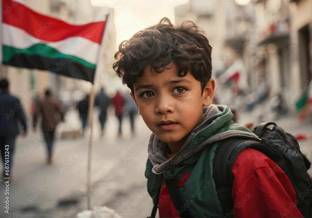 Sad little Palestinian boy in bombarded city of Gaza, Palestinian flag, stop the war concept