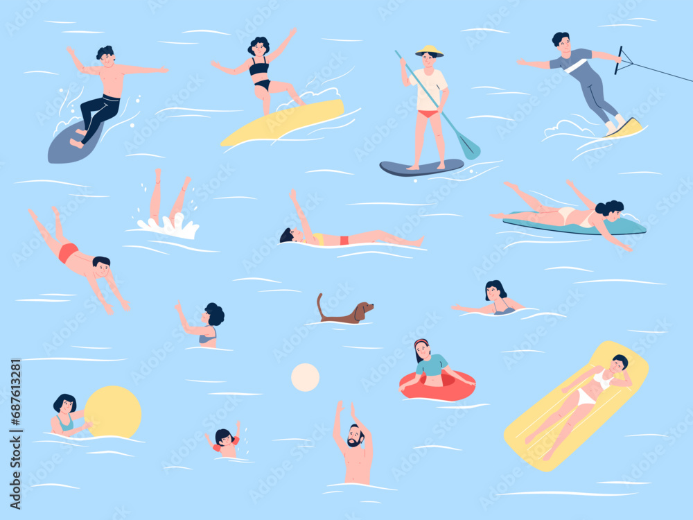 People swimming in sea or ocean, surfing and rest on mattress in water. Play with ball and riding sup board in ocean, happy beach time recent vector scene People swimming in sea or ocean, surfing and rest on mattress in water. Play with ball and riding sup board in ocean, happy beach time recent vector scene