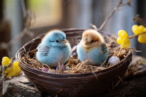 Blue and yellow chicks in a wicker basket with eggs. Cute birds in the nest © EduardSkorov