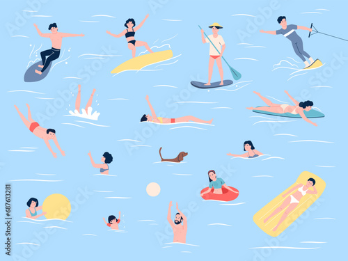 People swimming in sea or ocean, surfing and rest on mattress in water. Play with ball and riding sup board in ocean, happy beach time recent vector scene