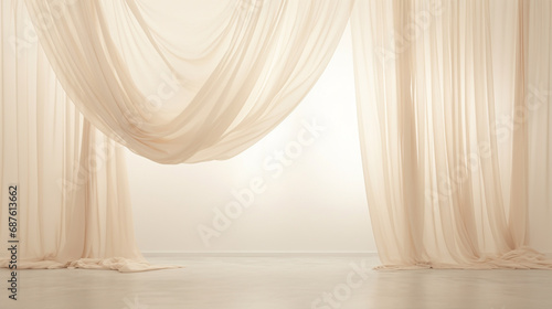The closed beige curtain in the theatre background. Theatrical drapes. Beige curtains on a theatre stage.