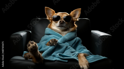 Funny dog photograpy cute spa Day laying bed relax beauty mask © alexkich